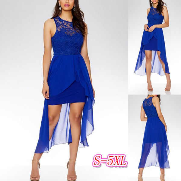 Royal Blue Lace Chiffon Dip Hem Dress ...